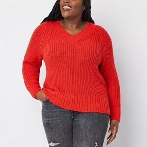 Ana A New Approach Womens Red Plus V Neck Long Sleeve Pullover Sweater Size 2X